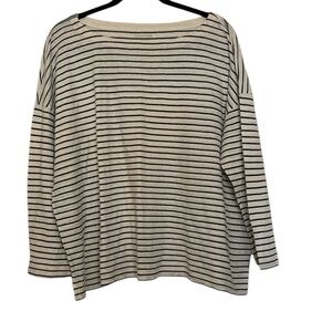 Eileen Fisher stripe organic cotton and chanvte linen stripe top,cream & blue,XL